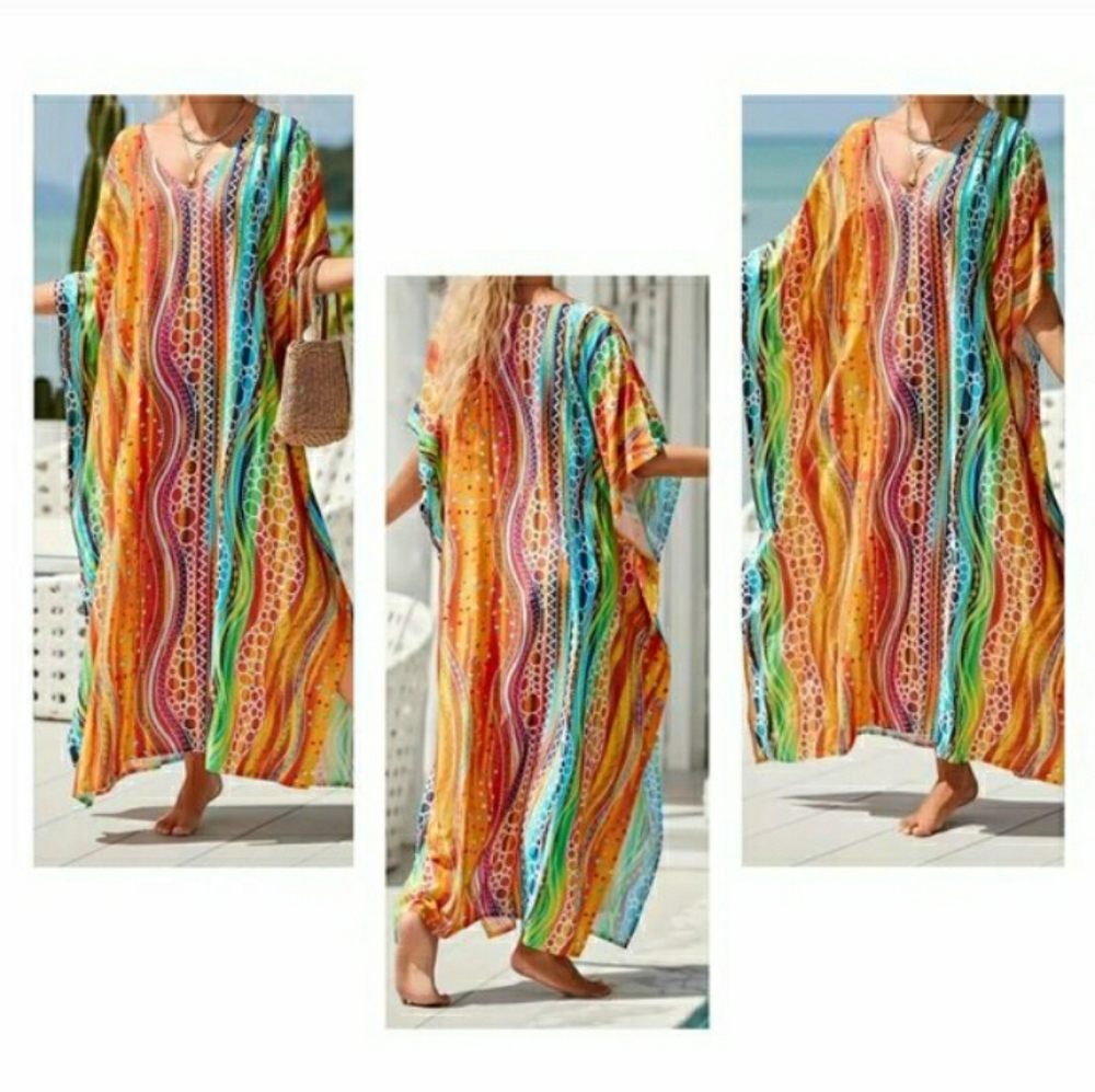 Kaftan Dress Cover Up Swim Maxi Wavy Sunshine 2X Plus Size NEW 🌈 LAST 1 🌞 - Picture 10 of 13